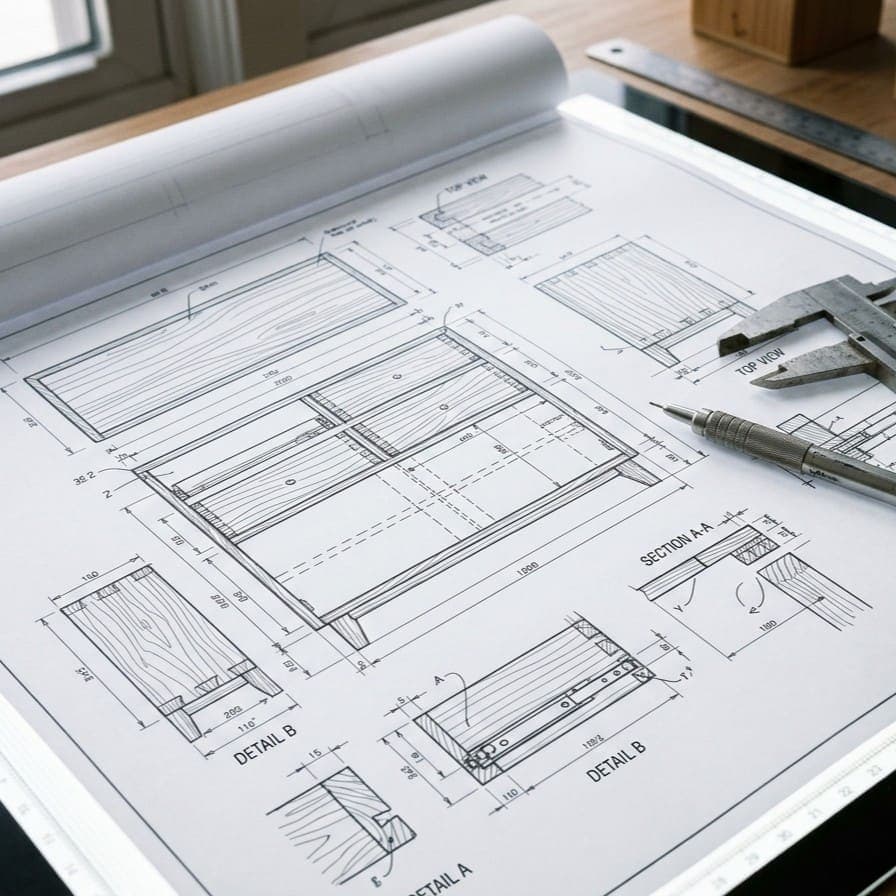 Disegno esecutivo su tavolo luminoso, dettaglio a matita